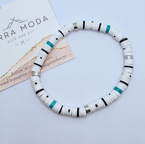 Clay, Stone, and Metalic Beaded Elastic Bracelet - Picture 3 of 5